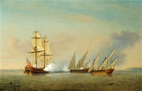 Richard Paton - A Royal Navy sloop, H.M.S. Greyhound, in action with two heavily-armed Spanish galleys CSK 2013. Free illustration for personal and commercial use.