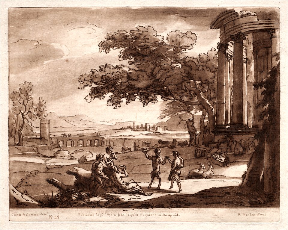 Richard Earlom (British, 1743-1822) - Liber Veritatis, No. 55, A Landscape with a Temple and a Nymph and Satyr Dancing - 1930.566 - Cleveland Museum of Art