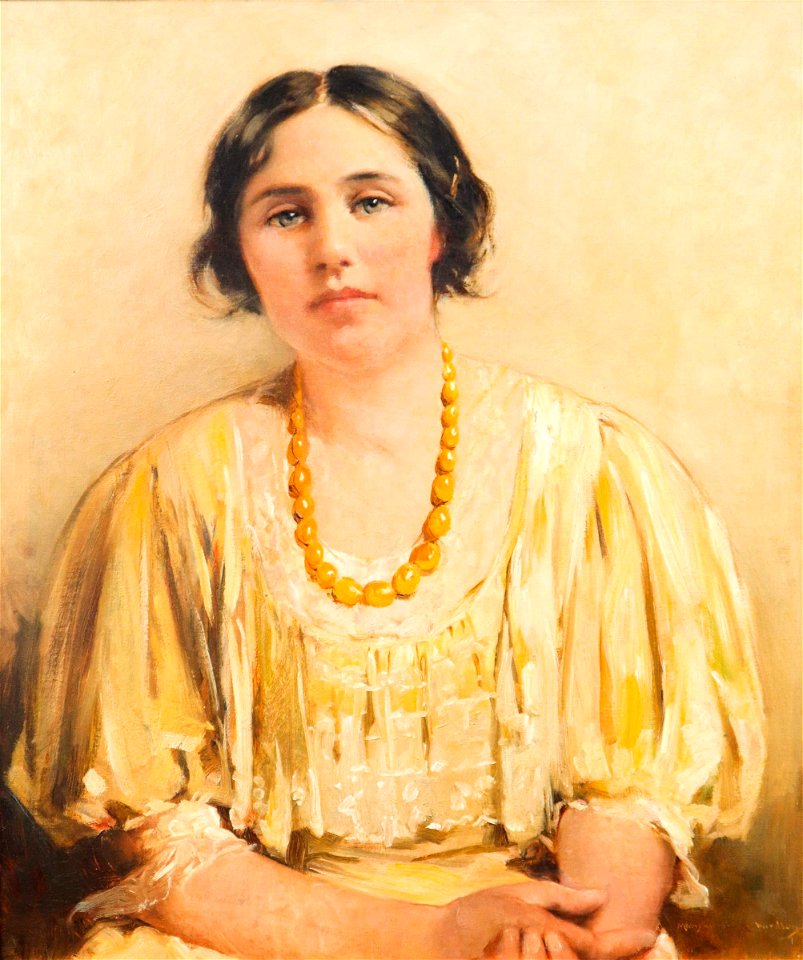 Portrait of a young woman in yellow and wearing necklace by Mary Curtis Richardson