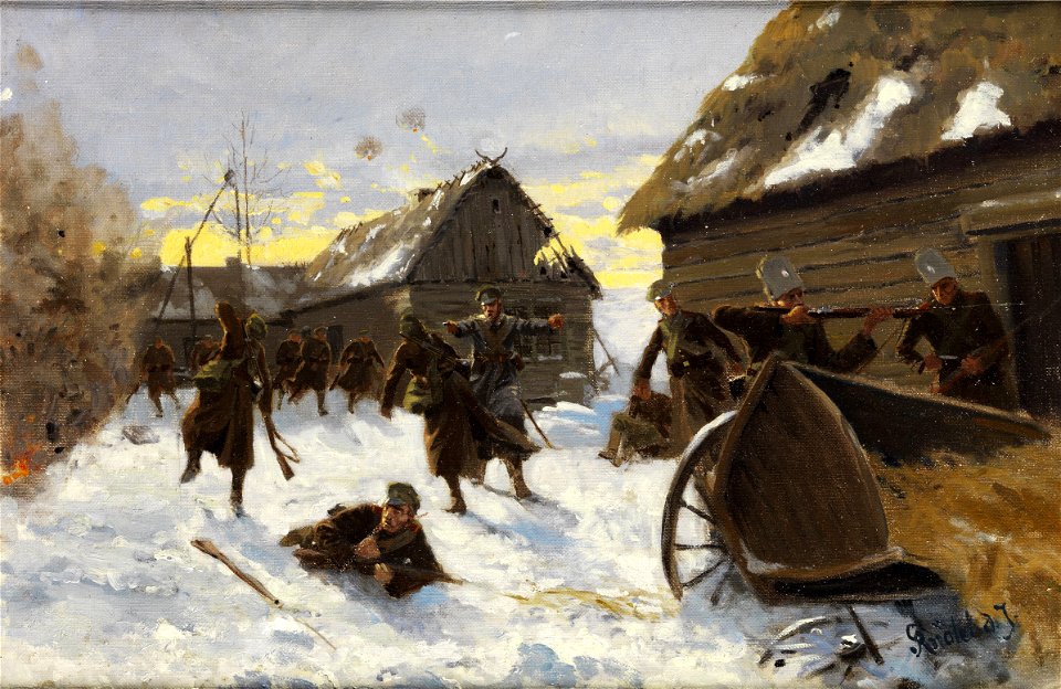 Richard Knötel Kriegsgefecht in einem verschneiten Dorf