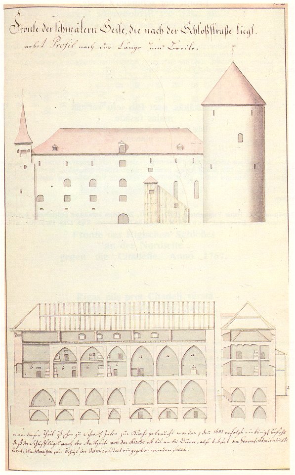 Riga castle from castle street and interior by Brotze
