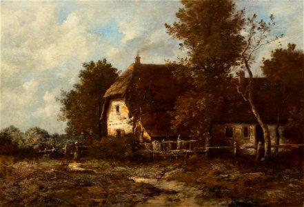 Léon Richet - Farm building with a peasant woman in a landscape