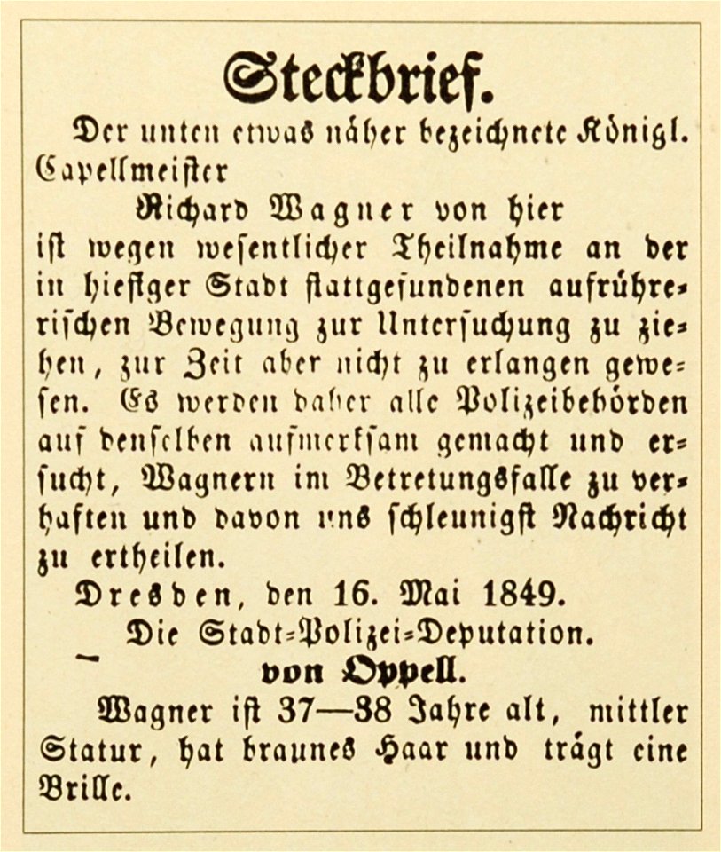 Richard Wagners Steckbrief 1849