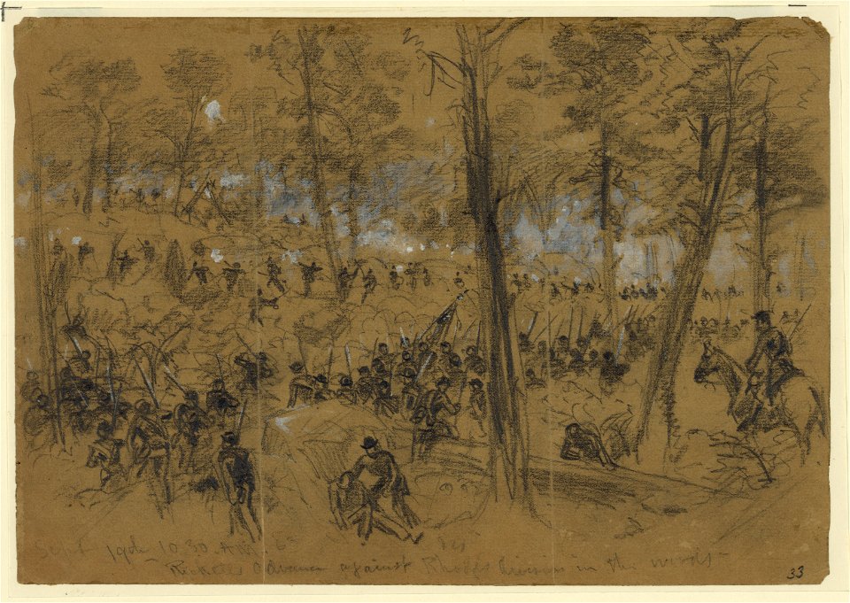 Rickett's advance against Rhodes (sic) division in the woods LCCN2004660809