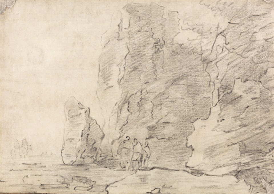 Richard Wilson - Three Figures Standing by Rocky Cliffs, Two Horsemen in Distance Left - Google Art Project