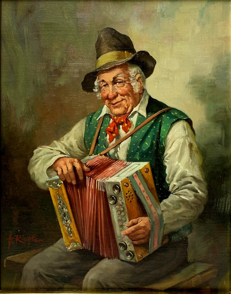 Musician Playing the Accordion by Hermann Richter, oil 