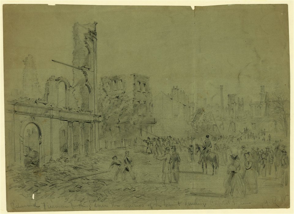 Richmond Firemen pushing down the remains of the burnt dwellings Capital Square LCCN2004660227