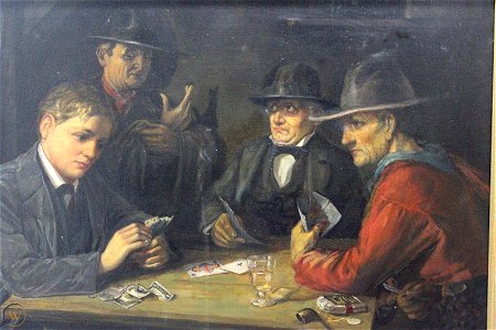 Men Playing Cards by Hermann Richter, oil. Free illustration for personal and commercial use.