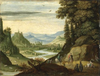 Martin Ryckaert - An extensive mountainous landscape with figures on horseback and others resting in the foreground, a winding river and a town beyond