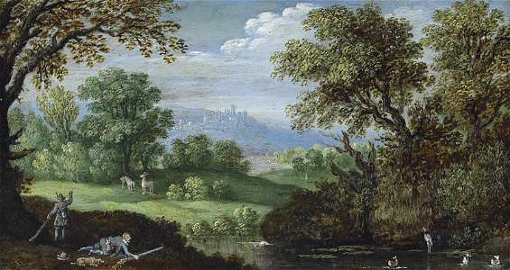 Martin Ryckaert - A wooded river landscape with figures hunting ducks and stags, a hilltop village beyond. Free illustration for personal and commercial use.