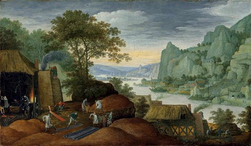 A rocky landscape with figures by an iron foundry