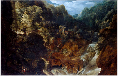 Marten Rijckaert - A Rocky Landscape with a Waterfall - the Flight into Egypt. Free illustration for personal and commercial use.