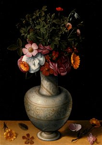'Still Life with Wild Roses, Peonies and Other Flowers in a White Earthenware Vase' by Ludger tom Ring the Younger. Free illustration for personal and commercial use.