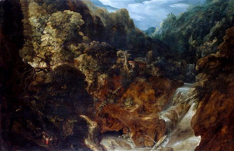 Marten Rijckaert (toegeschreven) - Een rotsachtige landschap met een Waterval en de vlucht naar Egypte