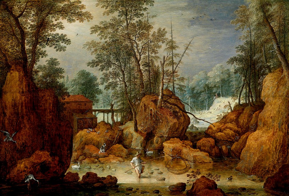 Marten Rijckaert - A fisherman in a river in a wooded landscape