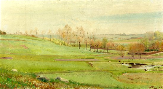 L. A. Ring - Foaarslandskab med lysegrønne Marker; et Vandhul til h. Mogenstrup (1888)