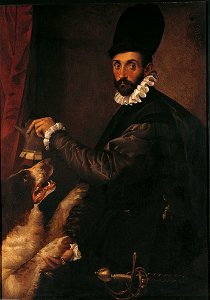 Ritratto di gentiluomo che gioca col cane - Passarotti. Free illustration for personal and commercial use.