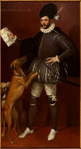 Ritratto di cavaliere con lettera e due cani levrieri - Passarotti. Free illustration for personal and commercial use.
