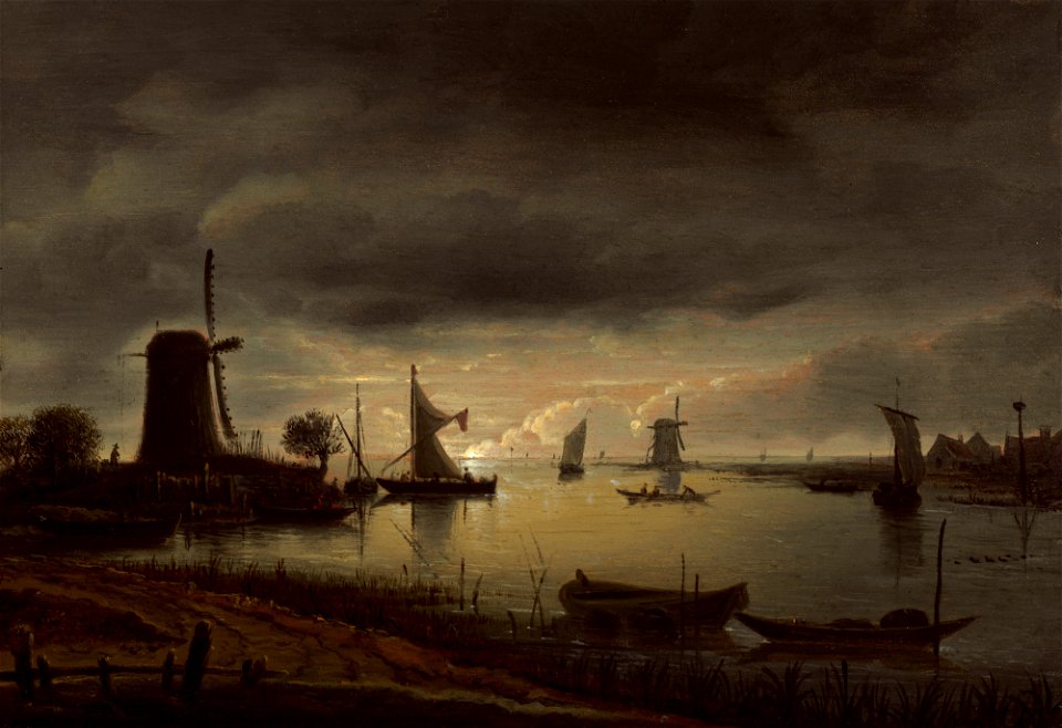 River Scene with Windmill and Boats, Evening C15400