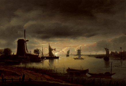 River Scene with Windmill and Boats, Evening C15400
