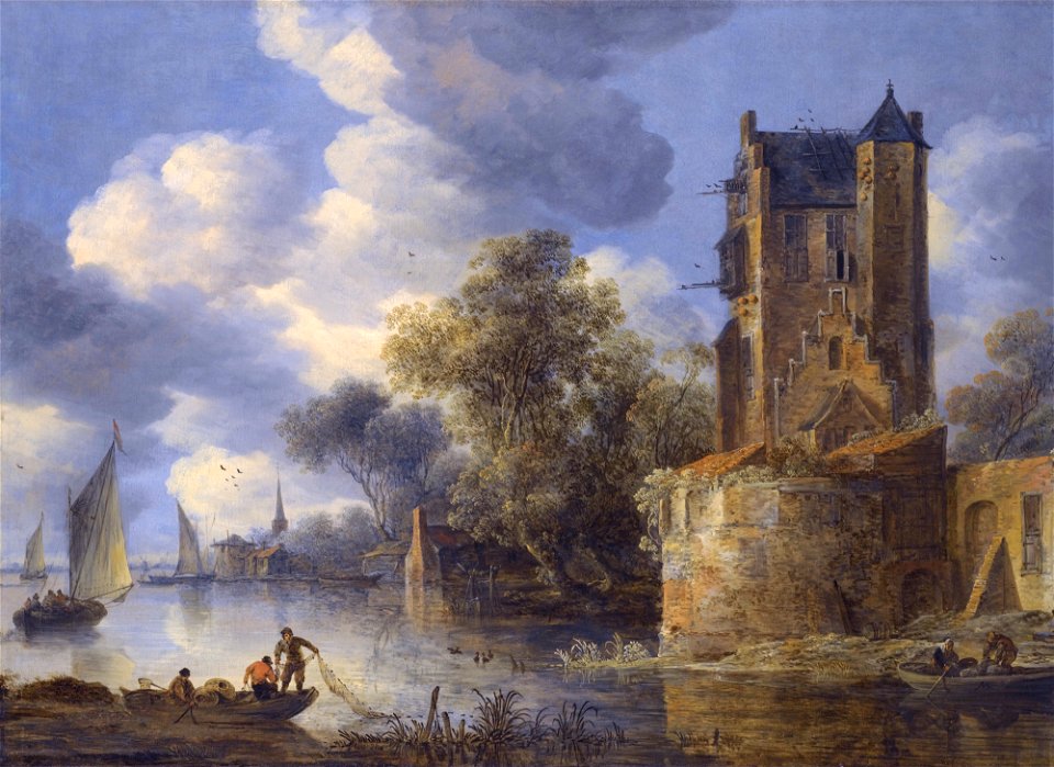 River landscape with a bastion by Adriaen van der Kabel