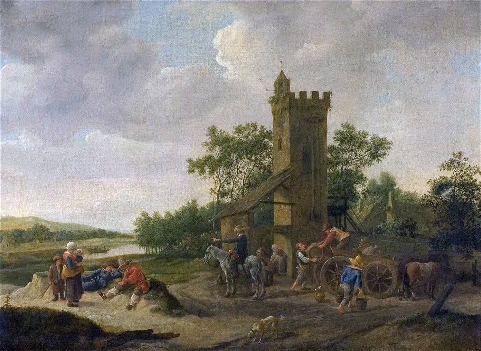 River landscape, people and a cart in front of a tower, by Jan Steen