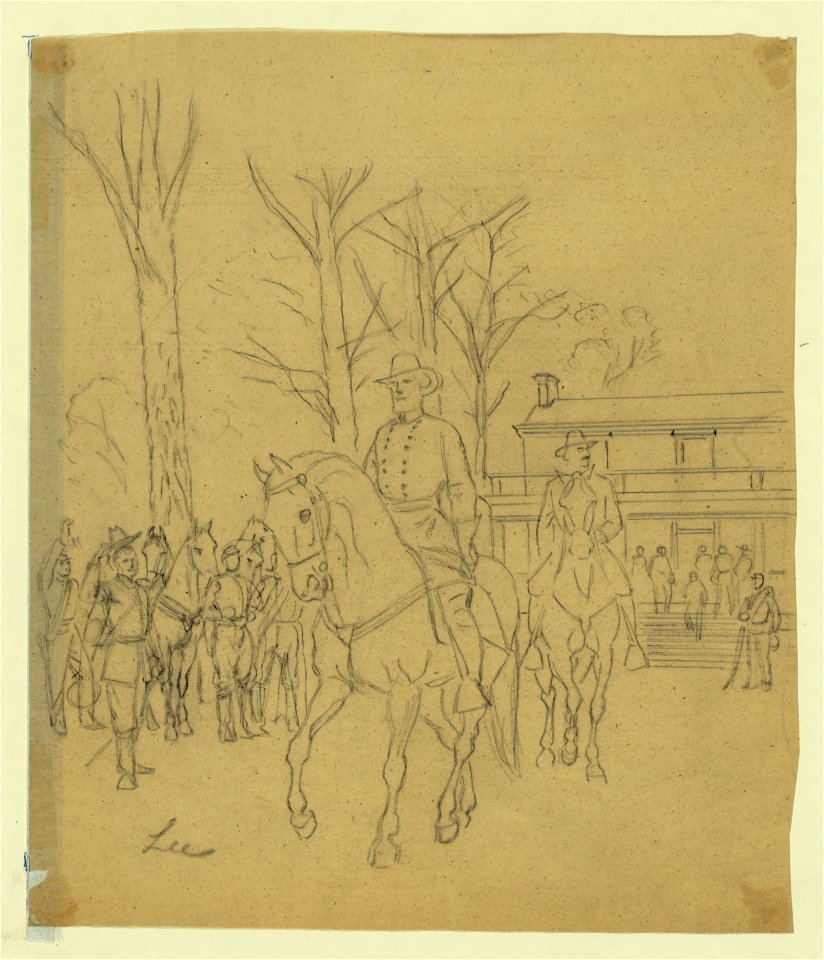 Robert E. Lee leaving the McLean House following his surrender to Ulysses S. Grant LCCN2004660825