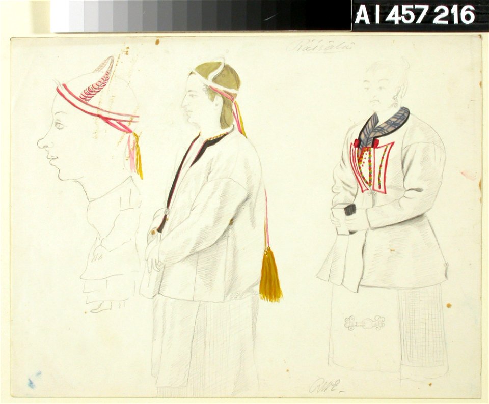 Robert Wilhelm Ekman - Kolme räisäläläistä talonpoikaisnaista, yksi karrikoitu - A I 457-216 - Finnish National Gallery