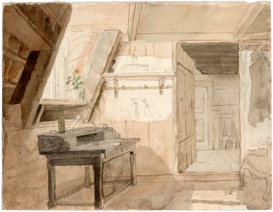 Robert Wilhelm Ekman - Interiööri. Kirjoituspöytä ja nojatuoli, taustalla toiseen huoneeseen johtava avoin ovi. - A I 457-179 - Finnish National Gallery