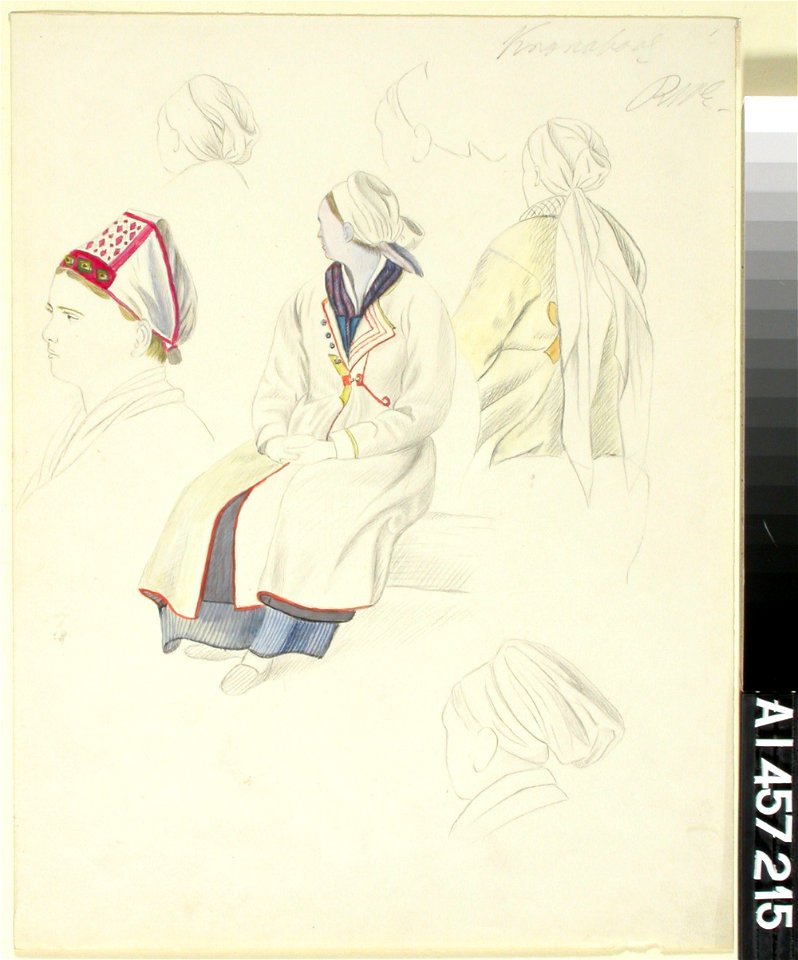 Robert Wilhelm Ekman - Talonpoikaisnainen Kronoborgista, kaksi figuuriharjoitelmaa ja neljä päätä - A I 457-215 - Finnish National Gallery