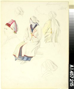 Robert Wilhelm Ekman - Talonpoikaisnainen Kronoborgista, kaksi figuuriharjoitelmaa ja neljä päätä - A I 457-215 - Finnish National Gallery