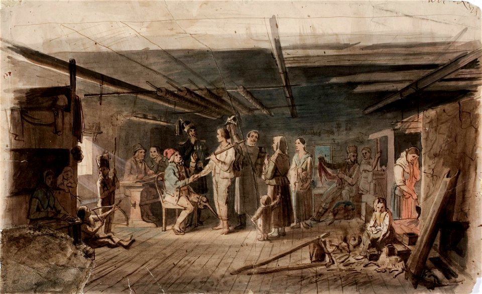 Robert Wilhelm Ekman - Värväys hämäläisessä talonpoikaistuvassa, luonnos venäläiselle kruununperijälle 1851 maalattuun öljymaalaukseen. - A I 457-102 - Finnish National Gallery