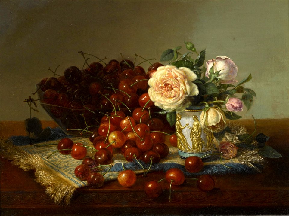 Robert Spear Dunning - Still life with roses and cherries