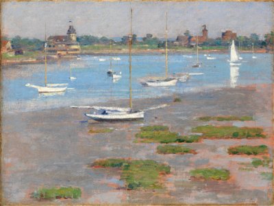 Theodore Robinson - Low Tide, Riverside Yacht Club (1894). Free illustration for personal and commercial use.