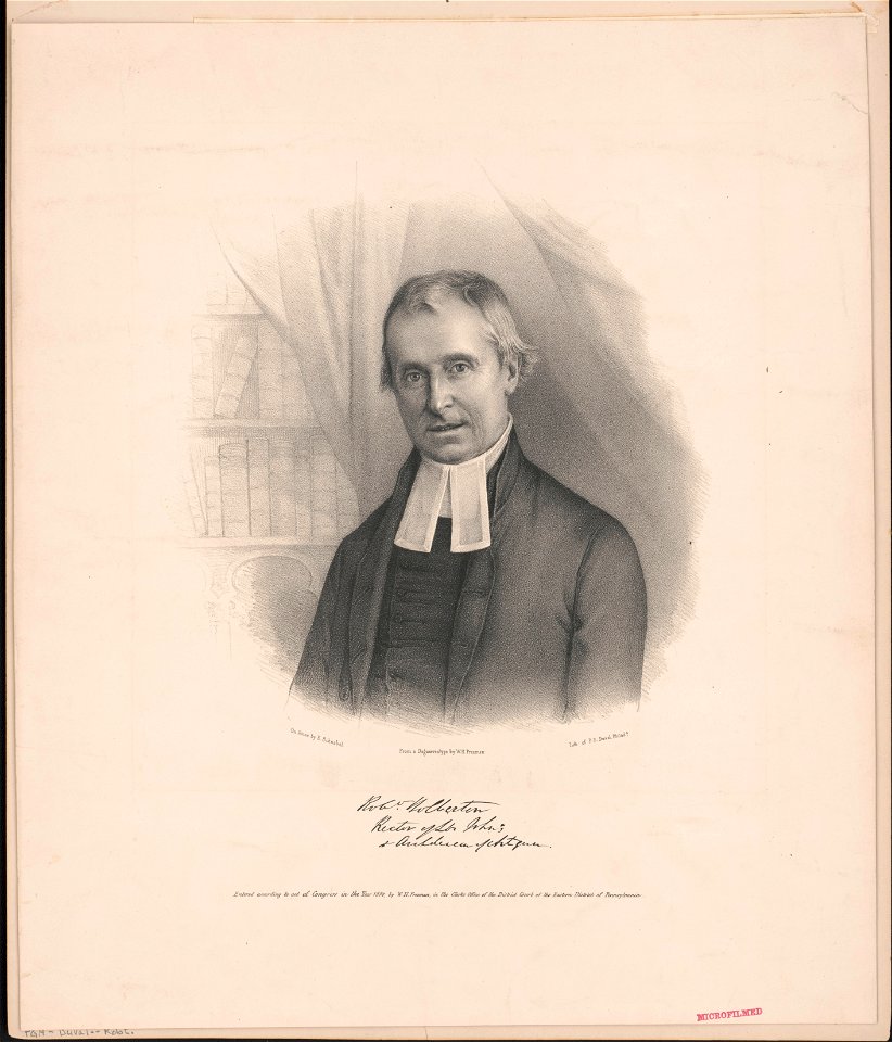 Robt. Holberton Rector of St. John's & Archdeacon of Antigua - on stone by E. Schnabel ; from a daguerreotype by W.H. Freeman ; lith. of P.S. Duval, Philada. LCCN2017660430