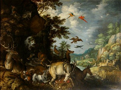Rocky Landscape with Mastiffs Attacking Stags, and Hinds Fleeing Hunters by Roelant Savery Dudmaston Hall NT 814194