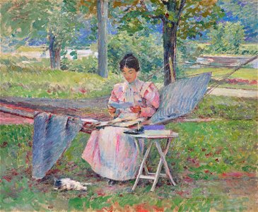 'Correspondence' by Theodore Robinson, 1895. Free illustration for personal and commercial use.
