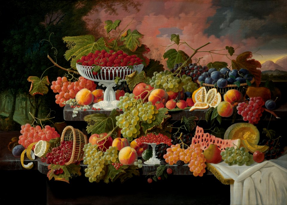 Severin Roesen - Two-Tiered Still Life with Fruit and Sunset Landscape - Google Art Project