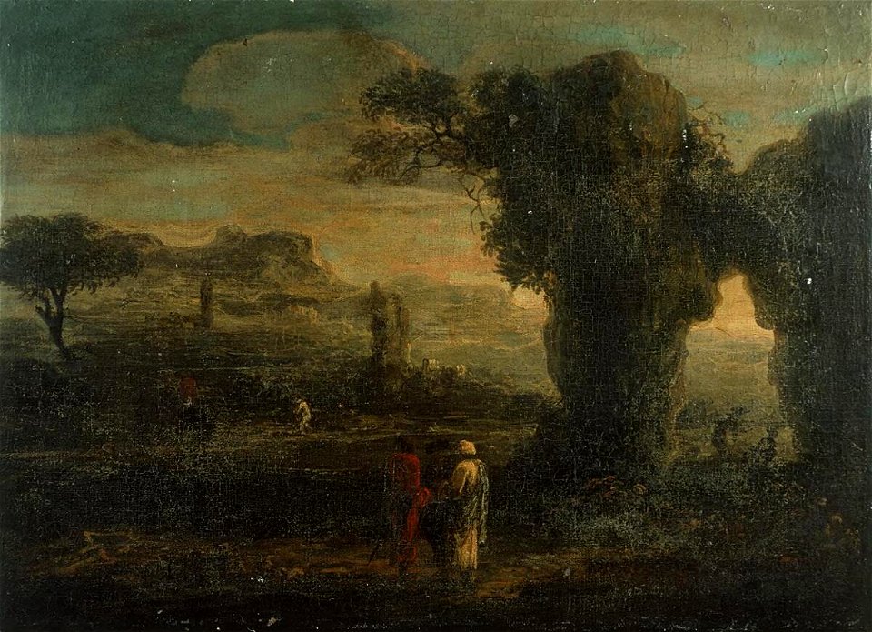 Rocky landscape with three travellers