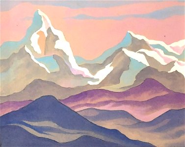 Tempera, charcoal and gouache mountain painting by Nicholas Roerich. Free illustration for personal and commercial use.