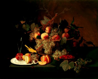 Severin Roesen - Still Life With Fruit, Goblet, and Canary (Nature's Bounty)