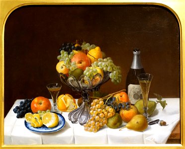 Fruit Still Life with Champagne Bottle, by Severin Roesen, 1848, oil on canvas - Dallas Museum of Art - DSC04786. Free illustration for personal and commercial use.