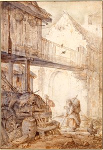 Roelant Savery - Derelict Courtyard with a Beggar Woman, c. 1608 - Google Art Project