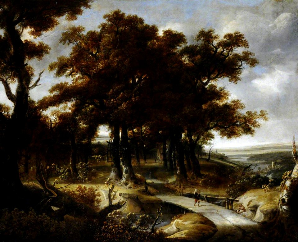 Roelant Roghman (1627-1692) (style of) - Wooded Landscape with a Traveller Crossing a Bridge - 959487 - National Trust