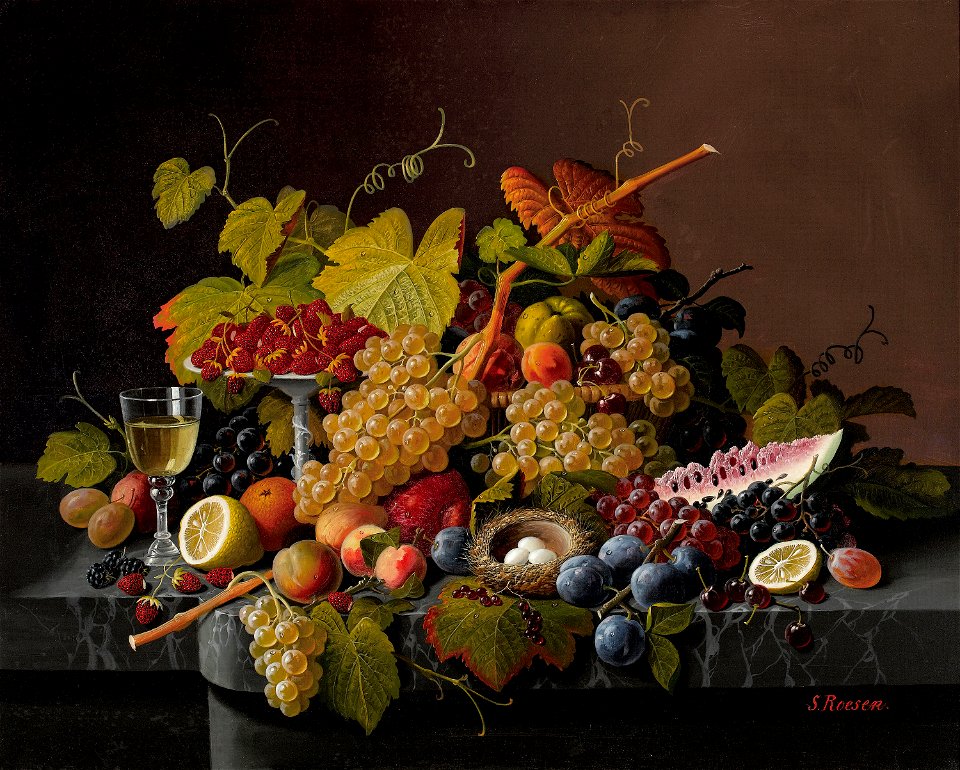 Severin Roesen - Stillleben mit Früchten und einem Vogelnest