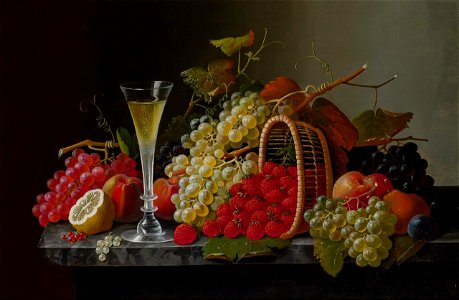 Still Life with Fruit and Champagne by Severin Roesen. Free illustration for personal and commercial use.