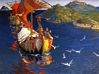 Nicholas Roerich, Guests from Overseas. Free illustration for personal and commercial use.
