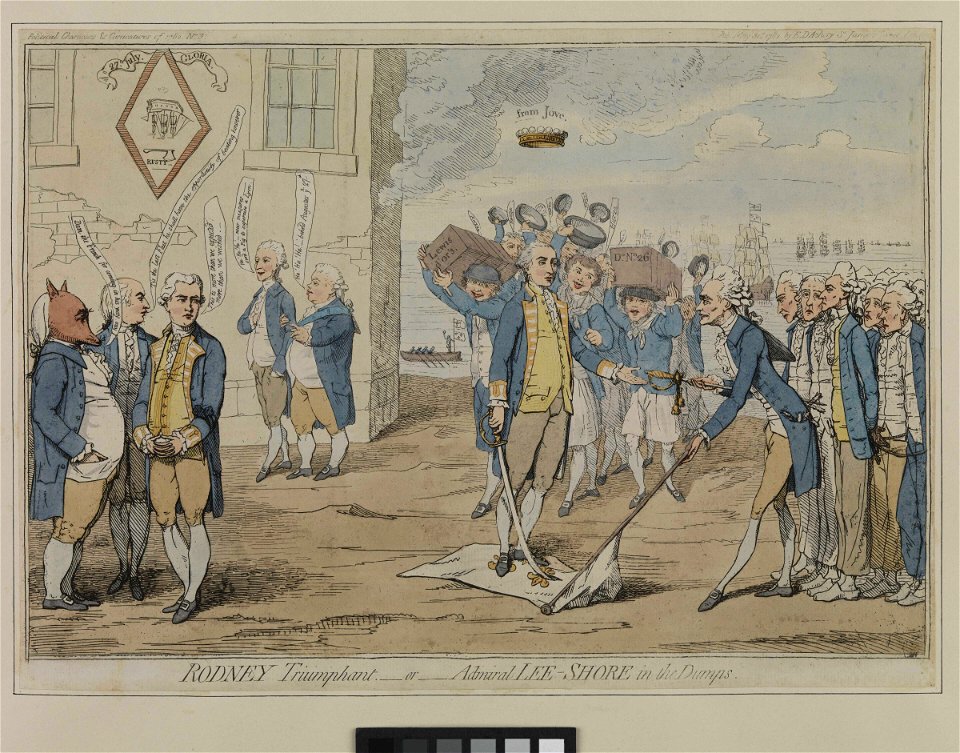 Rodney Triumphant - or Admiral Lee-Shore in the Dumps (caricature). Political Characters and Caricatures of 1762 No.3 RMG PZ9827