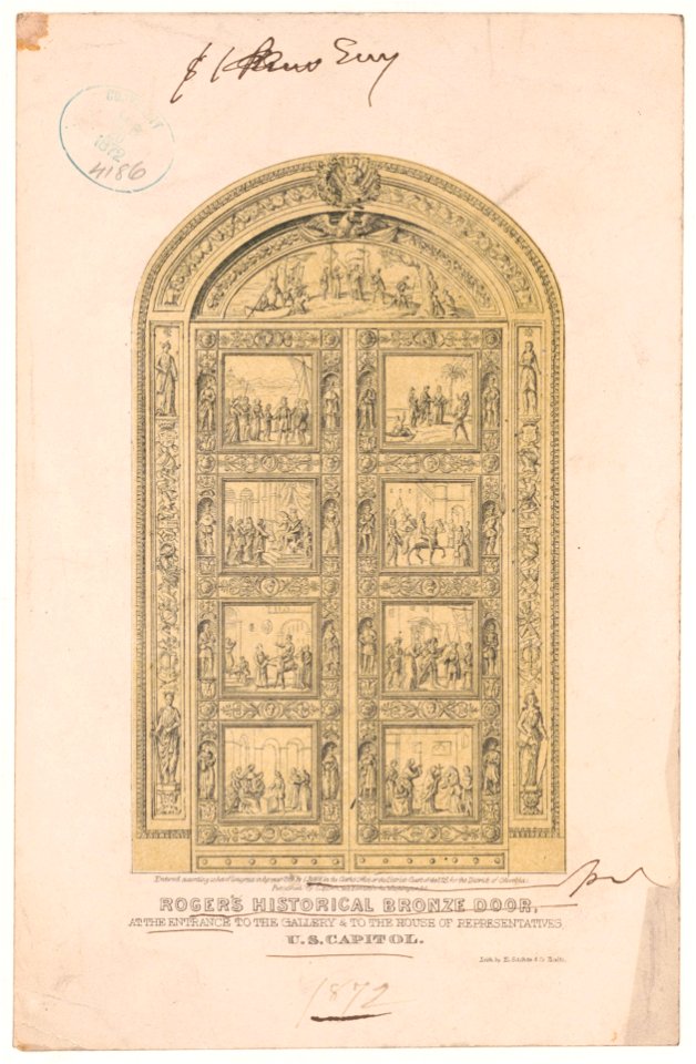 Roger's historical bronze door, at the entrance to the gallery & to the House of Representatives, U.S. Capitol - lith. by E. Sachse & Co. Balto. LCCN2012648852