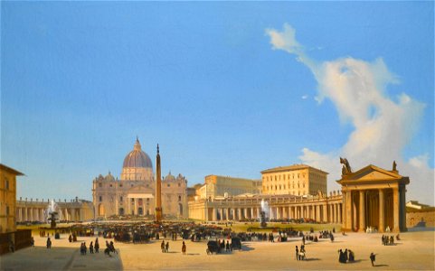 Rome, a view of Saint Peter's Basilica and Square with crowds awaiting a papal audience (by Ippolito Caffi)